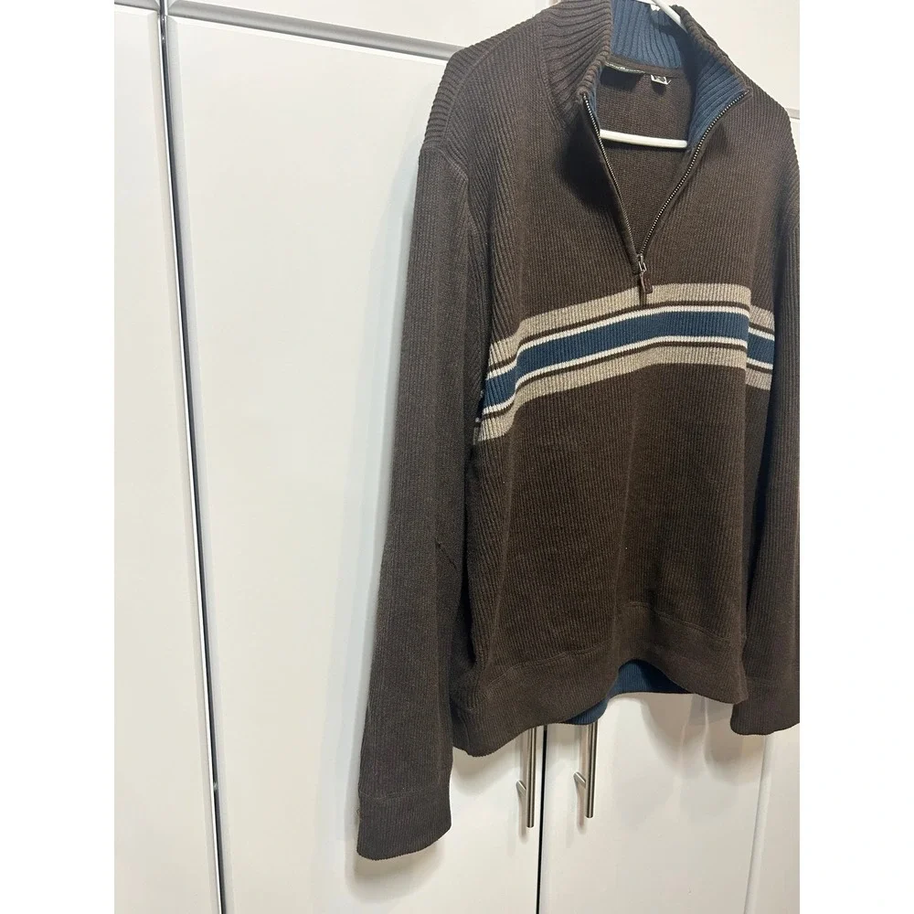 Eddie Bauer Mens XL Brown Striped Quarter Zip Ribbed Knit‎ Pullover Sweater